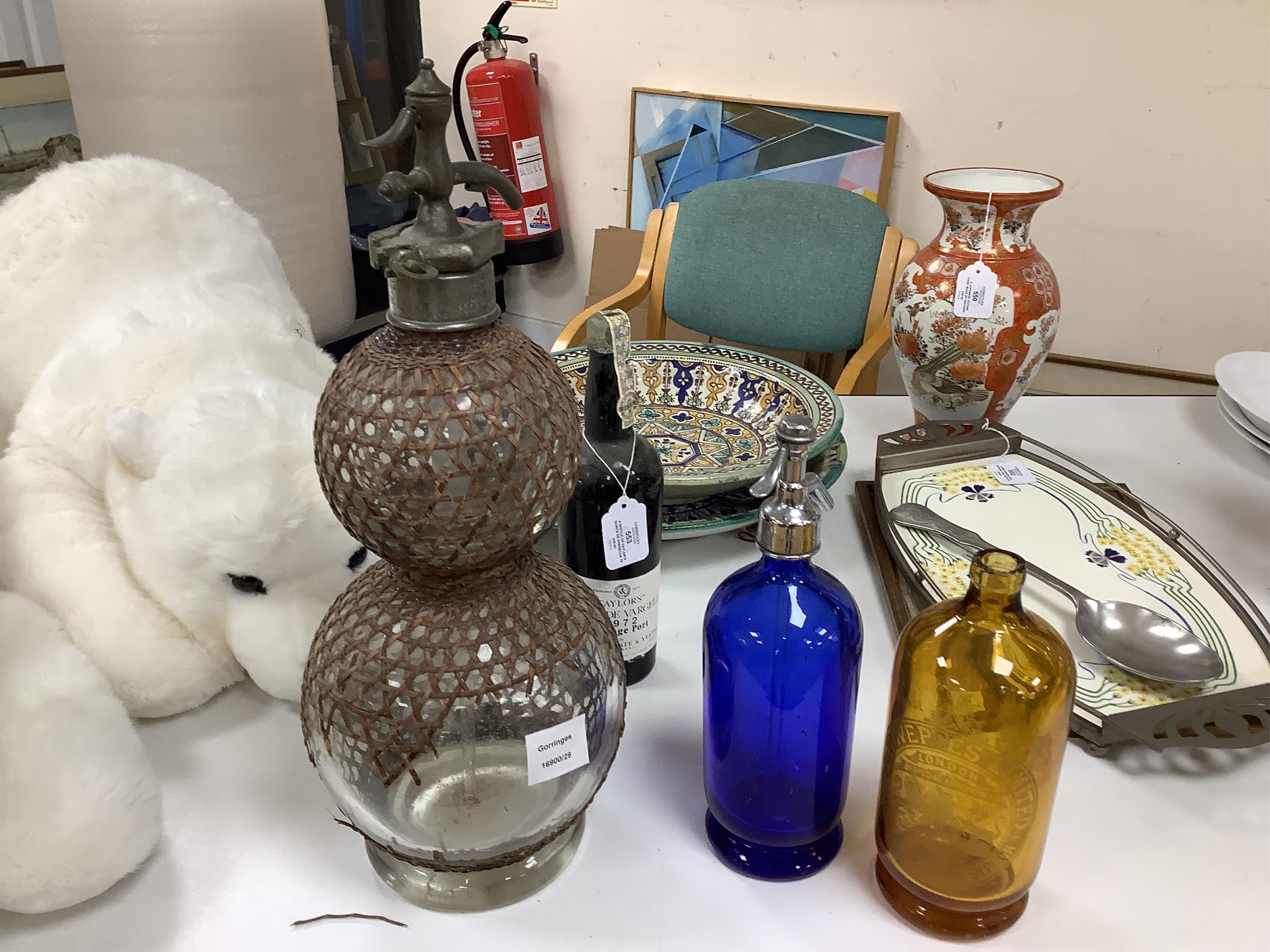 An Edwardian Standard English Seltzogenes double gourd Soda Syphon, one other and a collection of coloured glass bottles. Condition - varies